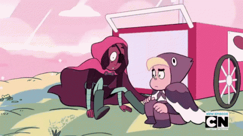 a couple of cartoon characters sitting next to each other with cn on the bottom right