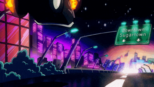 a cartoon drawing of downtown sugartown with buildings in the background