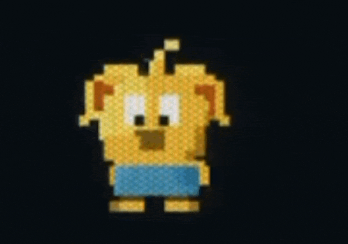 a pixel art of a cartoon character with a blue shirt on a black background .