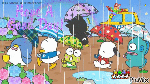 a group of cartoon characters are standing in the rain with umbrellas and a taxi in the background