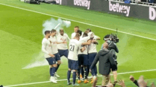 a group of soccer players are celebrating a goal on the field .