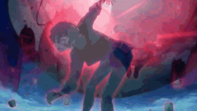 a person is falling into a pool of water with a red background .