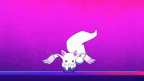 a cartoon character with wings and a long tail is standing on a purple background