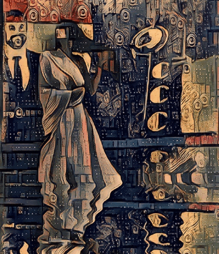 a painting of a woman playing a trumpet with a reflection