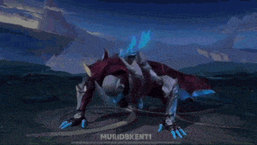 a video game character is crawling on the ground with mountains in the background
