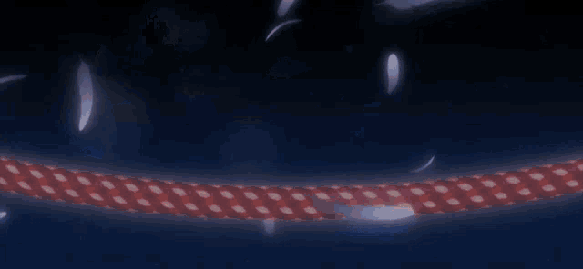 a red and white rope with feathers falling off of it