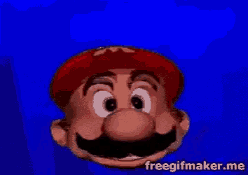 a close up of a cartoon character 's face with a red hat and mustache on a blue background .