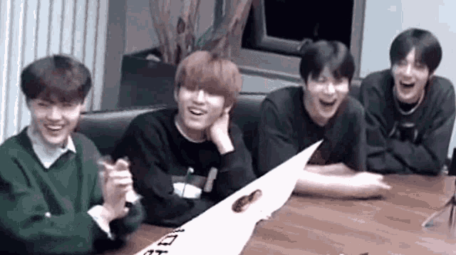 a group of young men are sitting around a table laughing and talking .