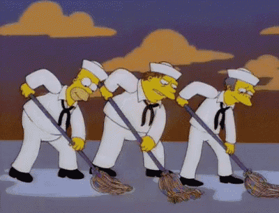 three sailors from the simpsons are sweeping the floor together