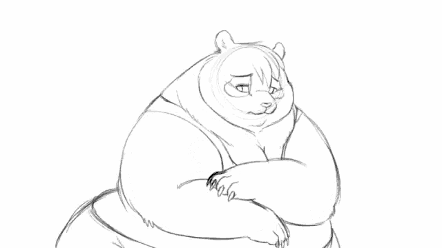 a black and white drawing of a fat panda bear .