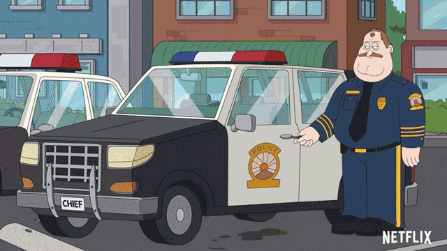 a cartoon of a police officer standing in front of a police car that says chief on the license plate