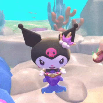 a cartoon character with a skull on her head is standing in the sand