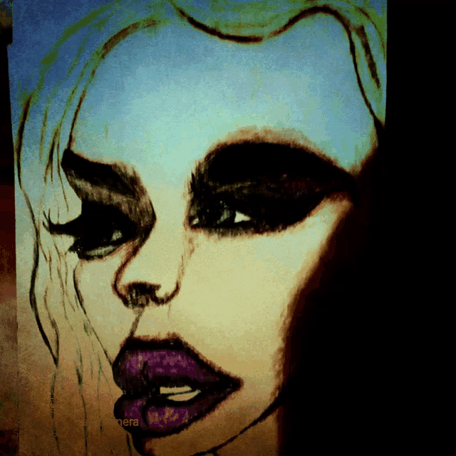 a painting of a woman 's face with purple lips and the word nera on the bottom right