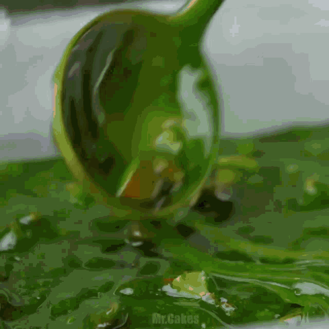 a green liquid is being poured from a spoon and the word mr.cakes is on the bottom right