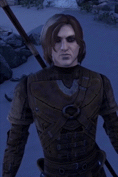 a person in a video game is holding a sword and wearing gloves
