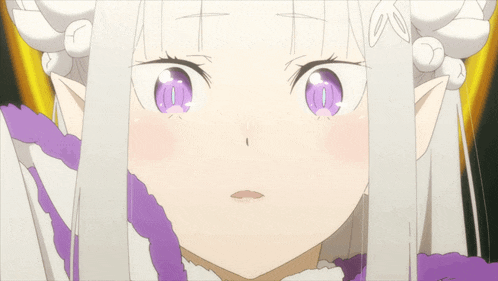 a girl with white hair and purple eyes is looking at something