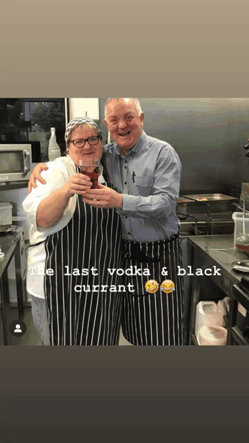 a man and a woman toasting in a kitchen with the last vodka and black currant written on the bottom