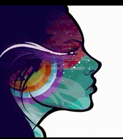 a colorful drawing of a woman 's face with a galaxy behind her .