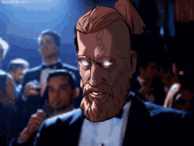 a man with a beard and glowing eyes is standing in a crowd