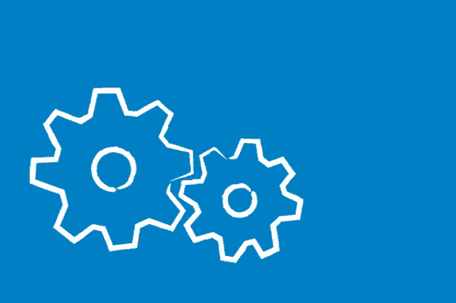 a blue background with white gears and the words einmal mit profis arbeiten below them