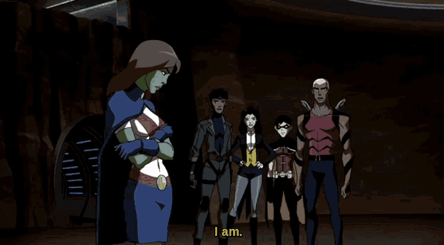 a group of cartoon characters are standing next to each other and one of them says " i am "