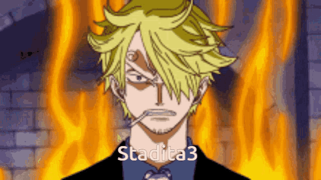 a man with a cigarette in his mouth is standing in front of a fire with the name stadita3 written on the bottom
