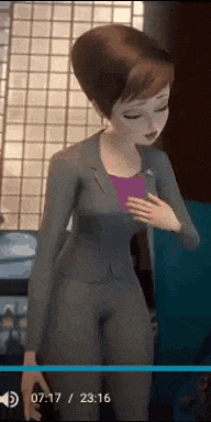 a cartoon woman in a suit is standing in a room holding a purple object .