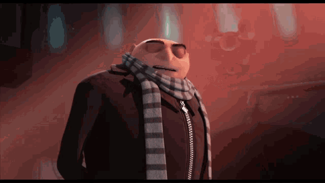 a despicable me character wearing a scarf and a jacket