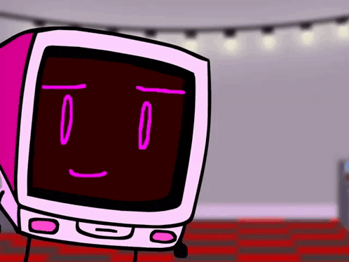 a pink computer monitor with a purple face is standing in a room with a red carpet .