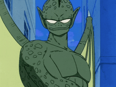 a cartoon drawing of a green monster with a spear in his hand
