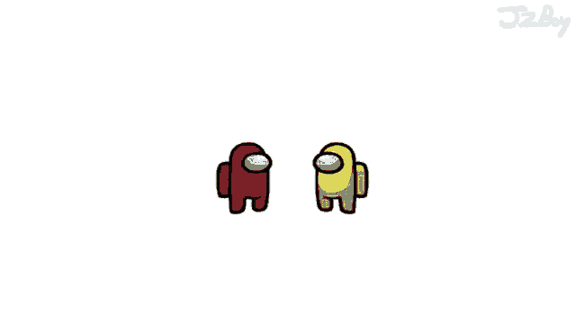a red and a yellow among us character are standing next to each other on a white background