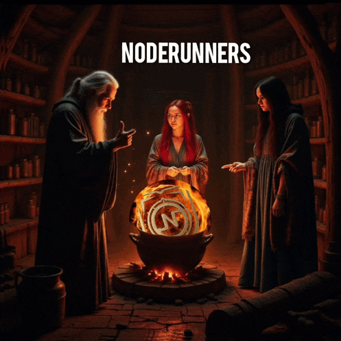 a painting of a man and two women with the words noderunners above them