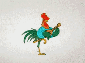 a cartoon of a rooster in a blue shirt and green pants