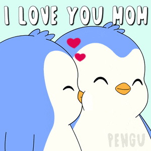 a couple of penguins kissing with the words i love you mom