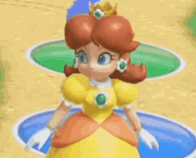 princess daisy is dancing in a video game while wearing a yellow dress .