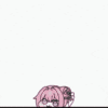 a drawing of a girl with pink hair standing next to a pink balloon .