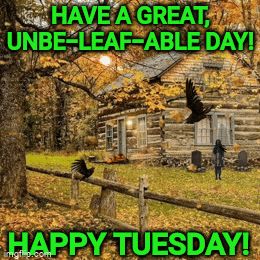 a picture of a log cabin with the words have a great unbe-leaf-able day