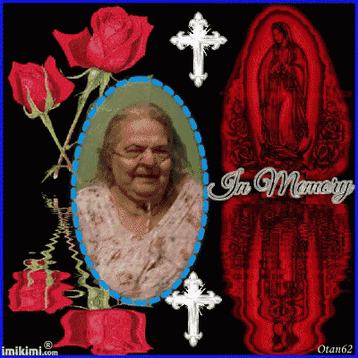 a picture of an elderly woman is surrounded by red roses and the words in memory on the bottom