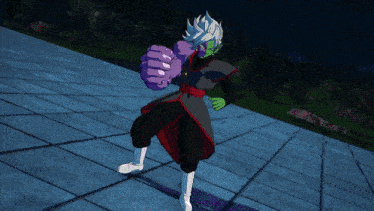 a cartoon character has a purple arm and a green head