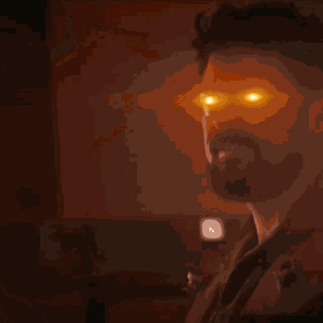 a close up of a person 's face with a light beam coming out of it