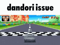 a car is driving down a road next to a checkered flag in a video game called dandori issue .