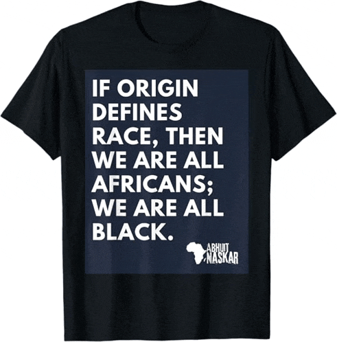 a black t-shirt that says if origin defines race then we are all africans