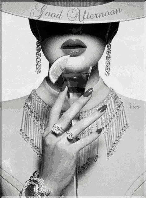 a woman holding a glass with a slice of lemon in her mouth and the words good afternoon on the bottom