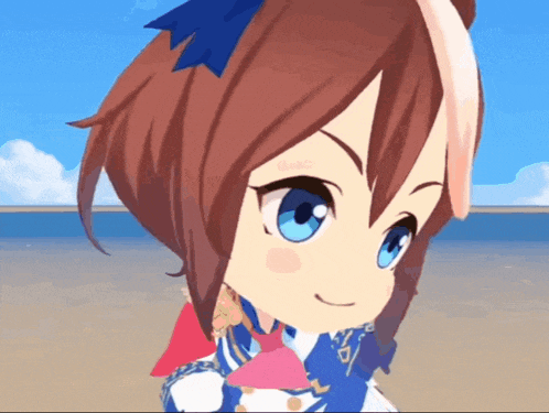 a cartoon character with brown hair and blue eyes is standing on a beach