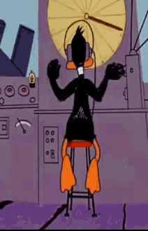 a cartoon duck wearing headphones is sitting on a stool in front of a clock