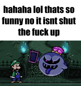 a screenshot of a video game with the words " hahaha lol thats so funny no it isnt shut the fuck up " on the bottom