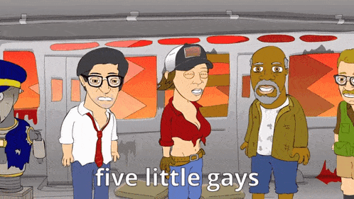a group of cartoon characters standing next to each other with the words five little gays on the bottom