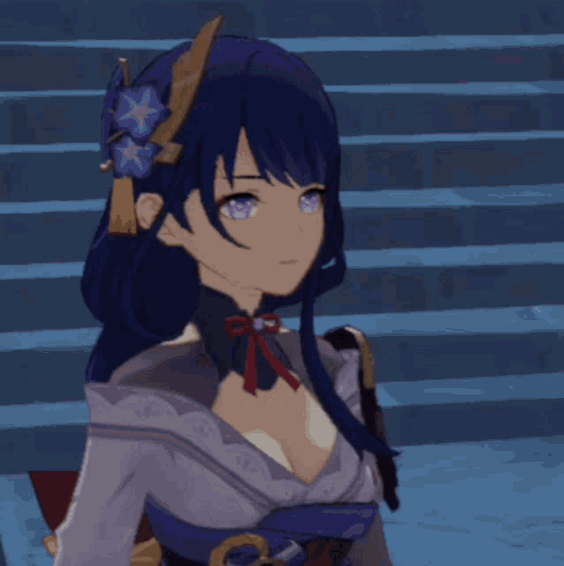 a close up of a girl with purple hair and a flower in her hair