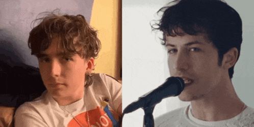 a young man with curly hair is next to a picture of a man singing into a microphone