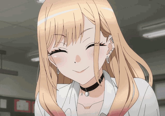 a blonde anime girl with a choker around her neck
